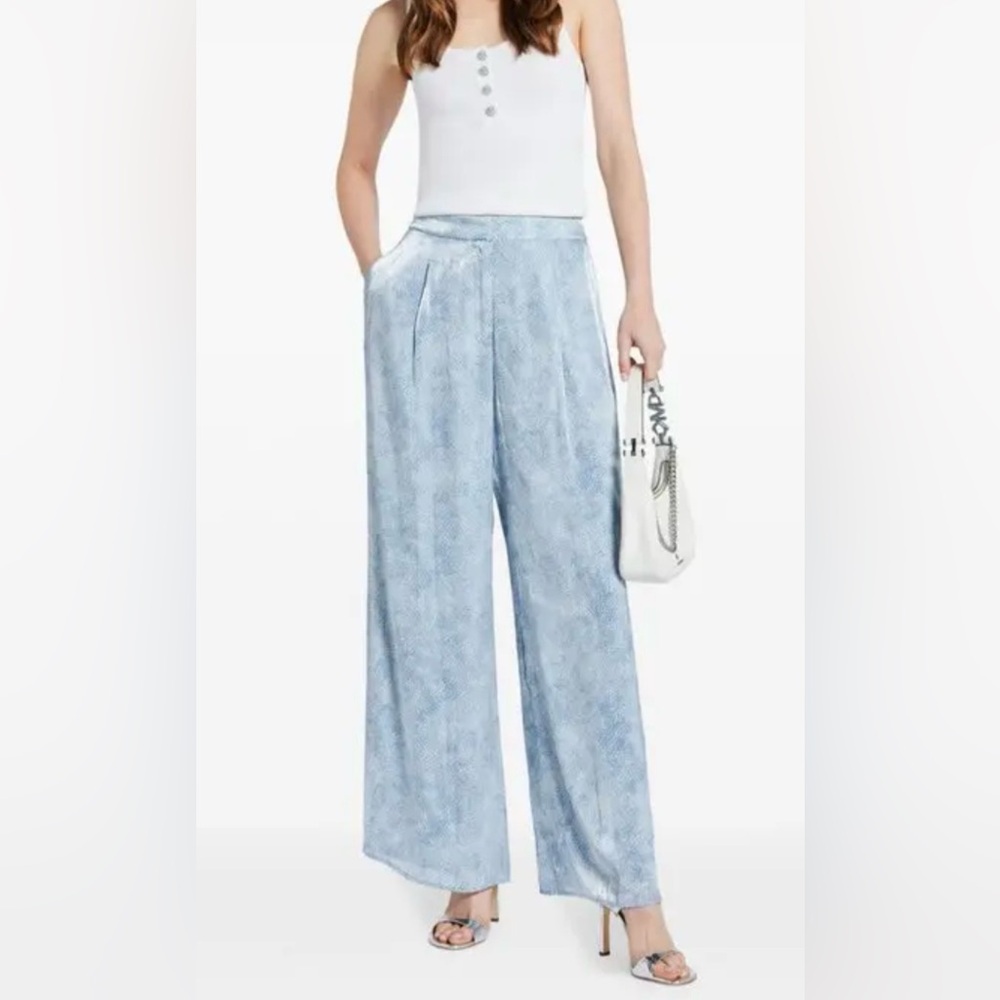 Michael Kors Womens Trouser Pants Satin Pleated Wide Leg Chambray L Elastic Back